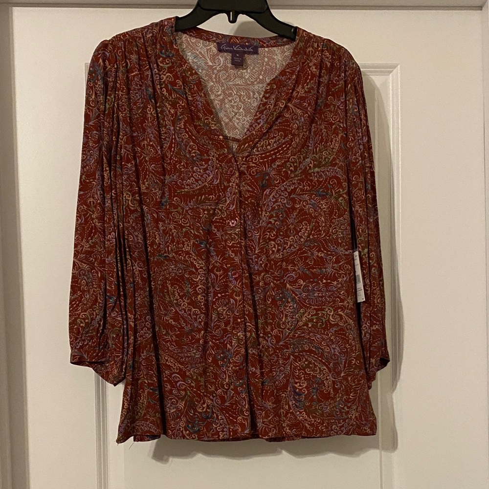 NWT Gloria Vanderbilt Rust Paisley Button-Front Blouse